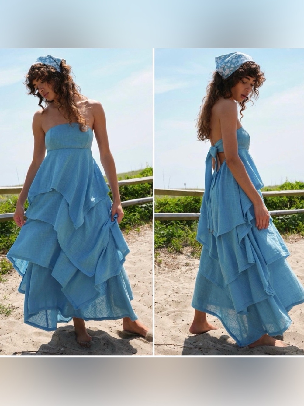 Free People Strapless Blue Layered Ruffle Maxi Dress - S